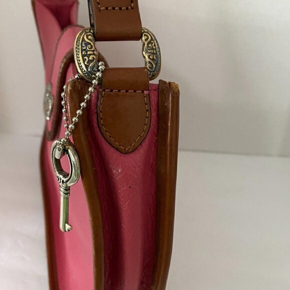 Fossil Pink Brown Leather Heart Accent Whipstitch Y2K Medium Shoulder Bag Purse - Picture 7 of 11